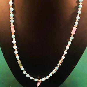 NWT Handmade Aquamarine Necklace with Ceramic Bird Pendant